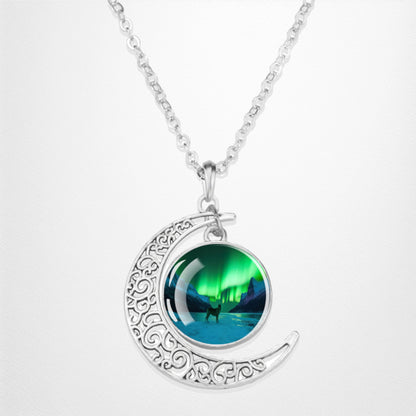 Luminous Aurora Borealis Crescent Necklace- Northern Light Jewelry - Unique Crescent Glass Cabochon Pendent Necklace - Perfect Aurora Lovers Gift