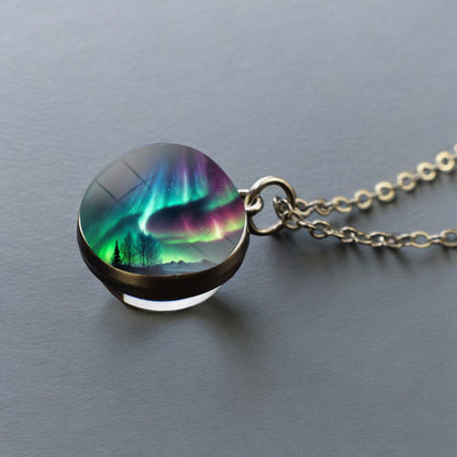 Collier en argent lumineux Aurora Borealis - Bijoux Northern Light - Collier pendentif unique en boule de verre double face - Cadeau parfait pour les amoureux des aurores boréales 