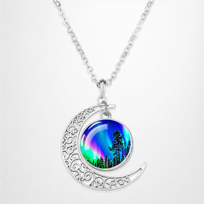 Luminous Aurora Borealis Crescent Necklace- Northern Light Jewelry - Unique Crescent Glass Cabochon Pendent Necklace - Perfect Aurora Lovers Gift