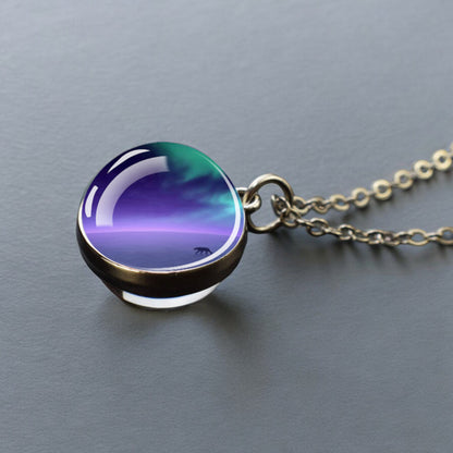 Luminous Aurora Borealis Silver Necklace- Northern Light Jewelry - Unique Double Side Glass Ball Pendent Necklace - Perfect Aurora Lovers Gift