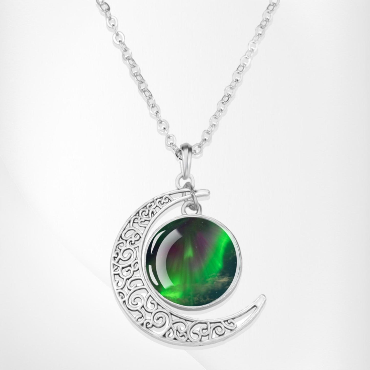 Luminous Aurora Borealis Crescent Necklace- Northern Light Jewelry - Unique Crescent Glass Cabochon Pendent Necklace - Perfect Aurora Lovers Gift