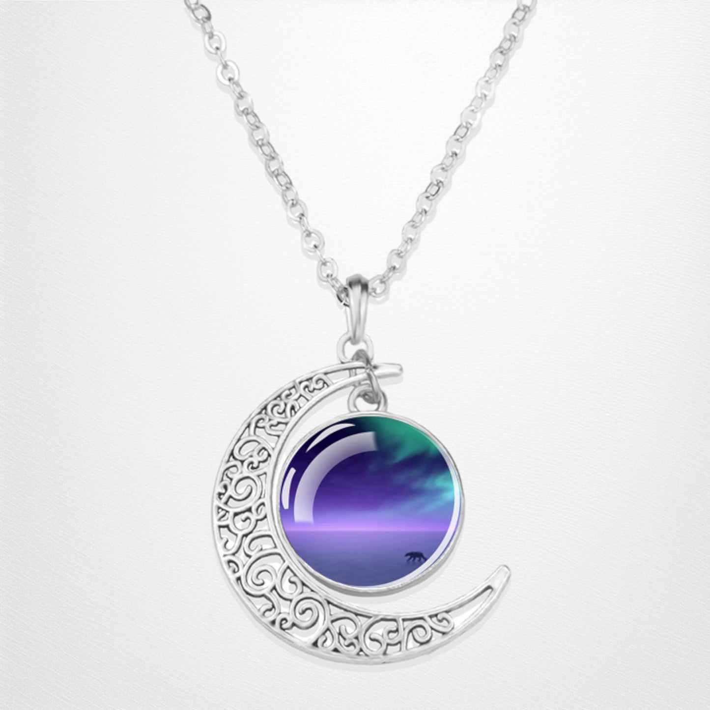 Luminous Aurora Borealis Crescent Necklace- Northern Light Jewelry - Unique Crescent Glass Cabochon Pendent Necklace - Perfect Aurora Lovers Gift