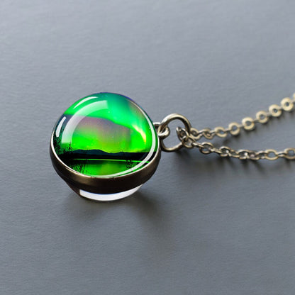 Luminous Aurora Borealis Silver Necklace- Northern Light Jewelry - Unique Double Side Glass Ball Pendent Necklace - Perfect Aurora Lovers Gift