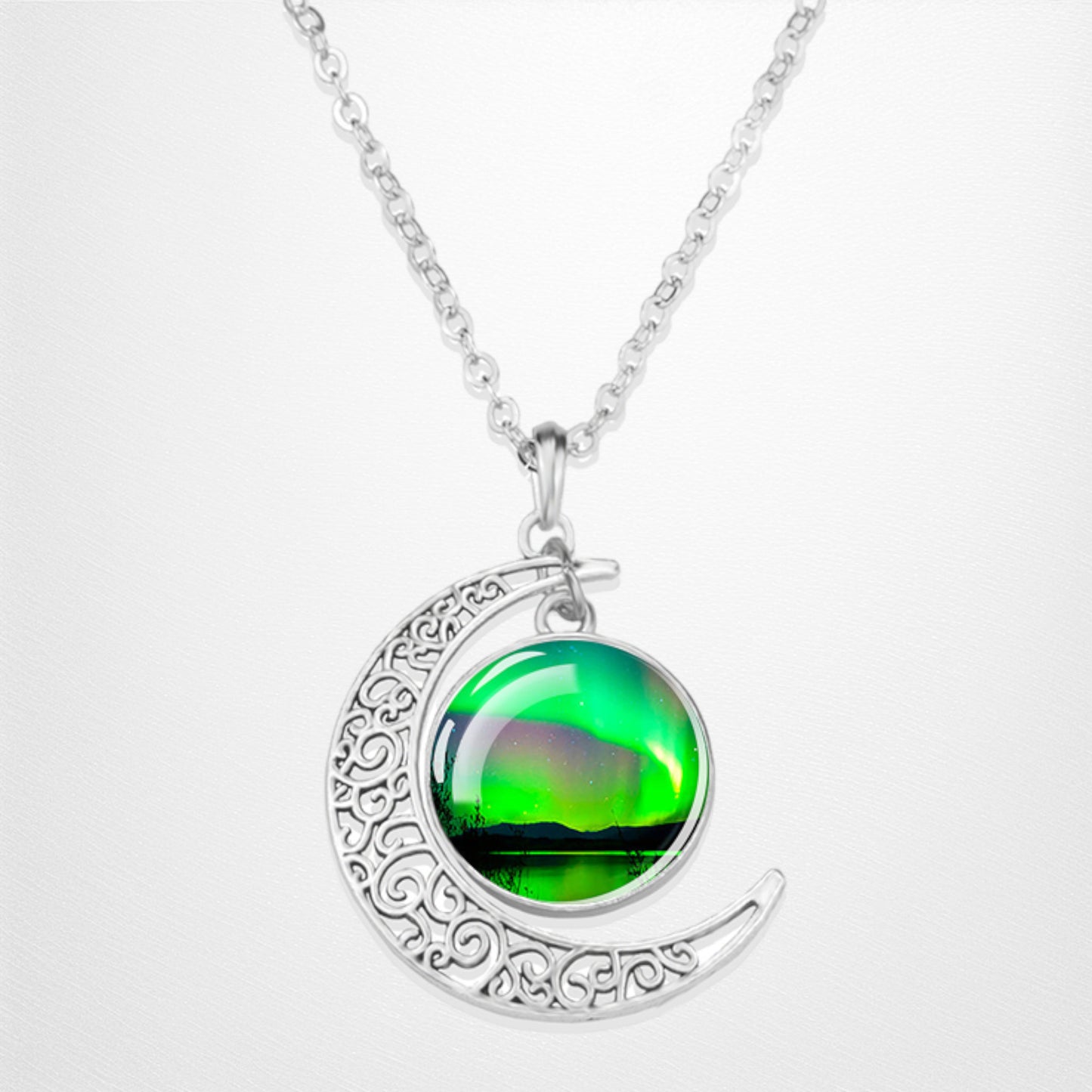 Luminous Aurora Borealis Crescent Necklace- Northern Light Jewelry - Unique Crescent Glass Cabochon Pendent Necklace - Perfect Aurora Lovers Gift