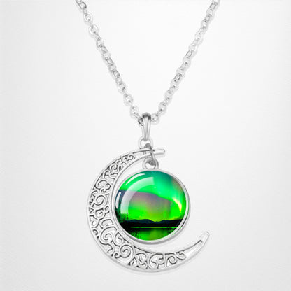 Luminous Aurora Borealis Crescent Necklace- Northern Light Jewelry - Unique Crescent Glass Cabochon Pendent Necklace - Perfect Aurora Lovers Gift