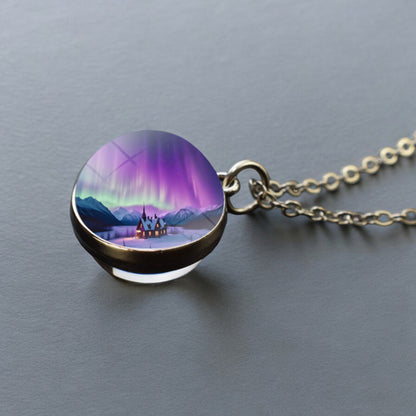 Luminous Aurora Borealis Silver Necklace- Northern Light Jewelry - Unique Double Side Glass Ball Pendent Necklace - Perfect Aurora Lovers Gift