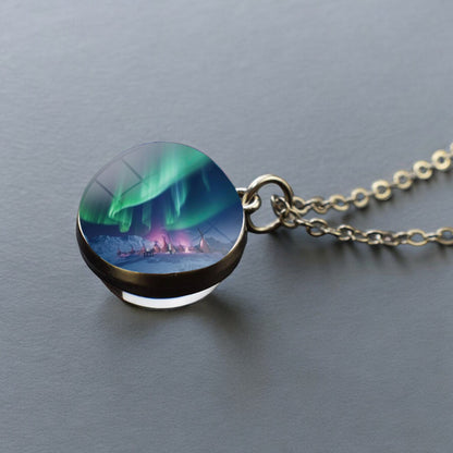 Luminous Aurora Borealis Silver Necklace- Northern Light Jewelry - Unique Double Side Glass Ball Pendent Necklace - Perfect Aurora Lovers Gift