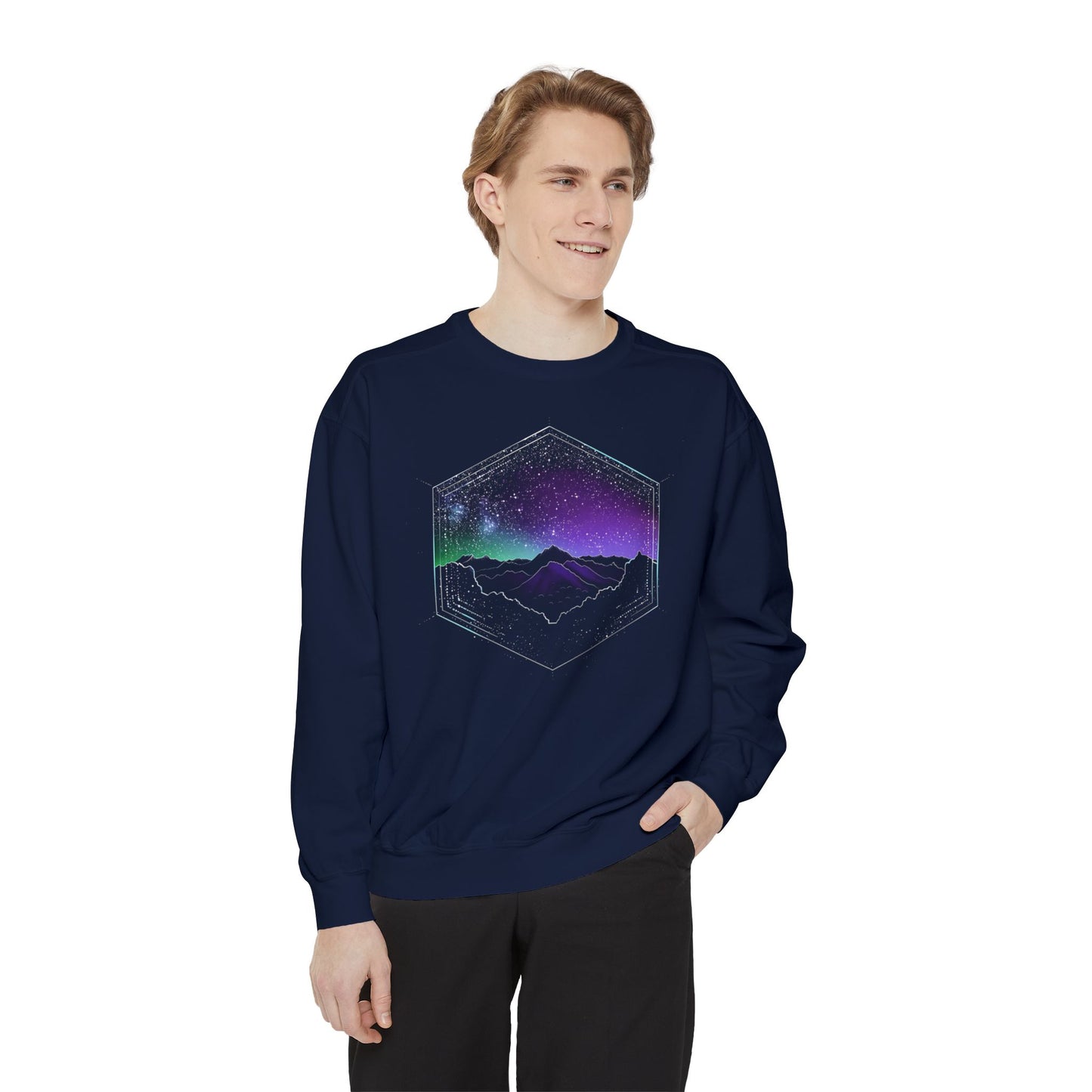 Aurora Borealis Unisex Garment-Dyed Sweatshirt - Northern Lights Arctic Magical Night Starry Sky Mountain Nature Adventure - Autumn Fall T-shirt - Aurora Gift