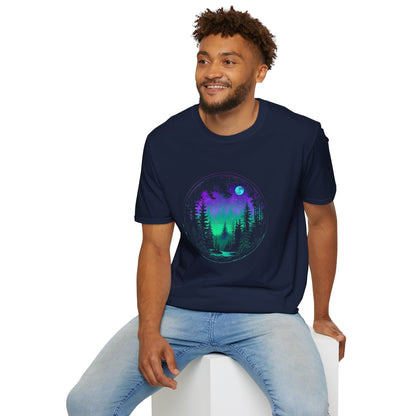 Aurora Borealis Unisex Softstyle T-Shirt - Gildan 64000 - Northern Lights Arctic Magical Night Starry Sky Moon Forest River Nature Adventure - Autumn Fall T-shirt - Aurora Gift