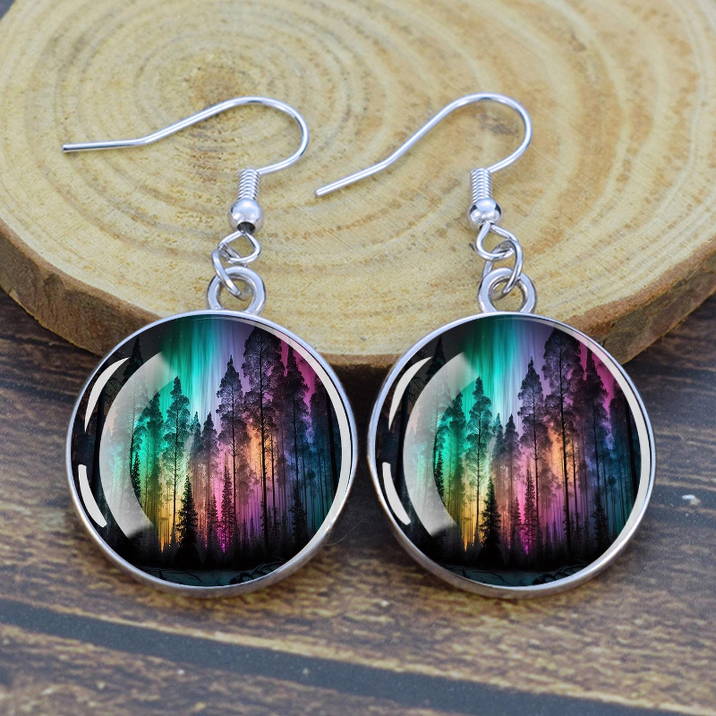 Gaismas Aurora Borealis Drop Auskari - Ziemeļblāzmas rotaslietas - Unikāli stikla Cabochon Dangle Auskari - Perfekta Aurora Lovers dāvana