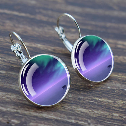 Luminous Aurora Borealis Hook Earrings - Northern Lights Jewelry - Unique Glass Cabochon Drop Earrings - Perfect Aurora Lovers Gift