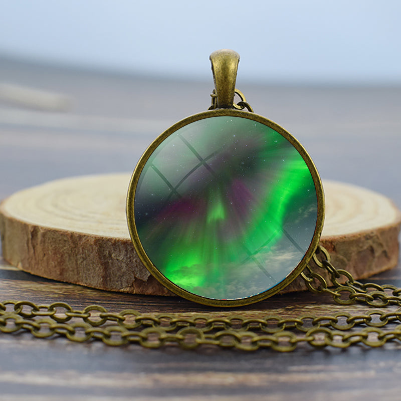 Luminous Aurora Borealis Bronze Necklace - Northern Light Jewelry - Unique Glass Dome Pendent Necklace - Perfect Aurora Lovers Gift