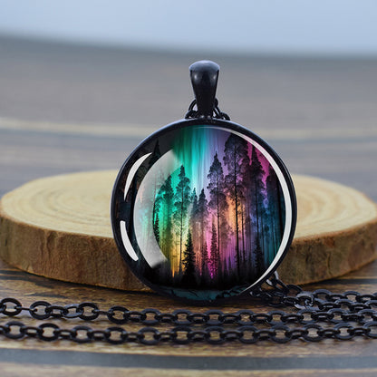 Luminous Aurora Borealis Black Necklace - Northern Light Jewelry - Unique Glass Dome Pendent Necklace - Perfect Aurora Lovers Gift