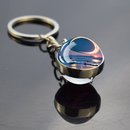 Unique Full Crescent Moon Keyring - Night Starry Sky Jewelry - Double Side Glass Ball Key Chain - Perfect Moon Lovers Gift 6