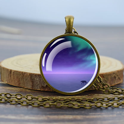 Luminous Aurora Borealis Bronze Necklace - Northern Light Jewelry - Unique Glass Dome Pendent Necklace - Perfect Aurora Lovers Gift