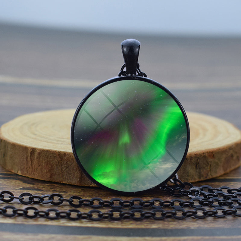 Luminous Aurora Borealis Black Necklace - Northern Light Jewelry - Unique Glass Dome Pendent Necklace - Perfect Aurora Lovers Gift