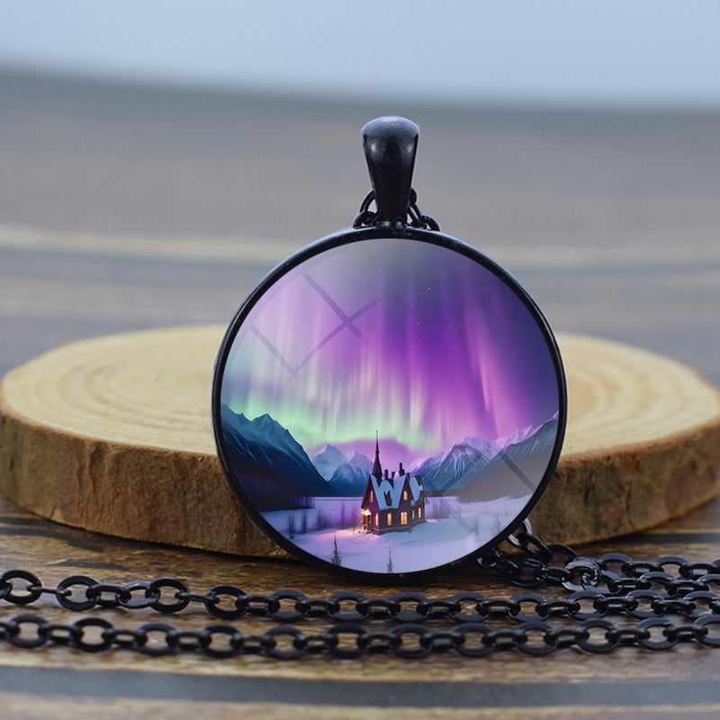 Luminous Aurora Borealis Black Necklace - Northern Light Jewelry - Unique Glass Dome Pendent Necklace - Perfect Aurora Lovers Gift