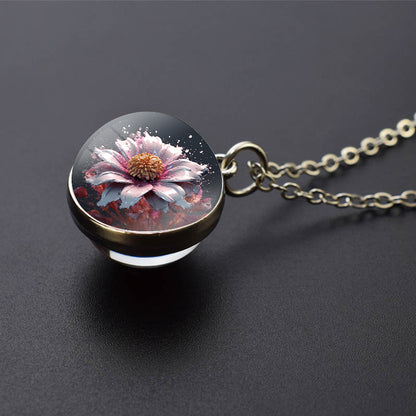 Unique Romantic Flowers Silver Necklace - Beautiful blooming flowers Jewelry - Double Side Glass Ball Pendent Necklace - Perfect Lovers Gift 1