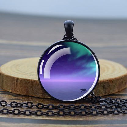 Luminous Aurora Borealis Black Necklace - Northern Light Jewelry - Unique Glass Dome Pendent Necklace - Perfect Aurora Lovers Gift