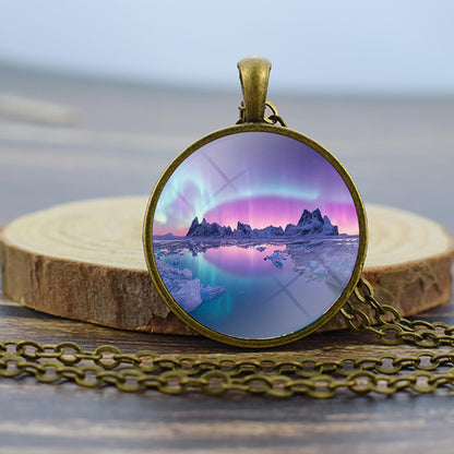 Luminous Aurora Borealis Bronze Necklace - Northern Light Jewelry - Unique Glass Dome Pendent Necklace - Perfect Aurora Lovers Gift