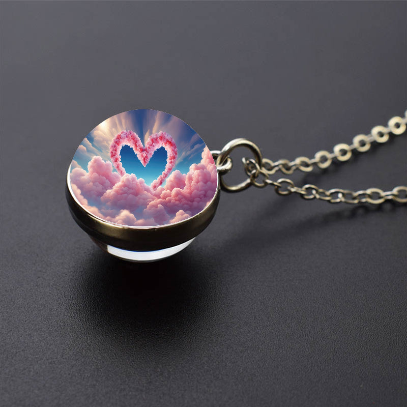 Unique Pink Heart Shape Clouds Silver Necklace - Dreamy Sky Cotton Candy Cloud Jewelry - Double Side Glass Ball Pendent Necklace - Perfect Lovers Gift 2
