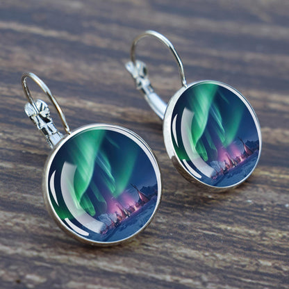 Luminous Aurora Borealis Hook Earrings - Northern Lights Jewelry - Unique Glass Cabochon Drop Earrings - Perfect Aurora Lovers Gift