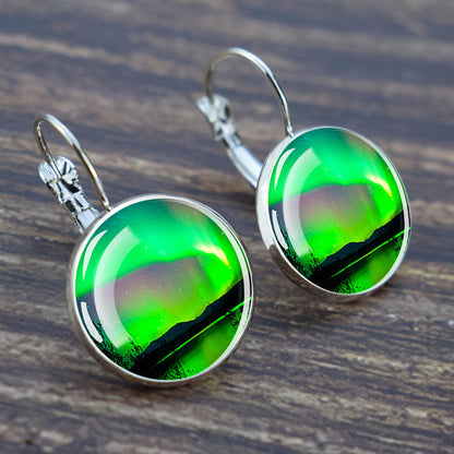 Luminous Aurora Borealis Hook Earrings - Northern Lights Jewelry - Unique Glass Cabochon Drop Earrings - Perfect Aurora Lovers Gift