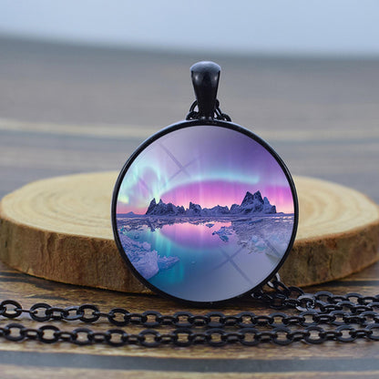 Luminous Aurora Borealis Black Necklace - Northern Light Jewelry - Unique Glass Dome Pendent Necklace - Perfect Aurora Lovers Gift