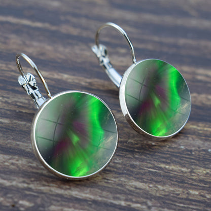 Luminous Aurora Borealis Hook Earrings - Northern Lights Jewelry - Unique Glass Cabochon Drop Earrings - Perfect Aurora Lovers Gift