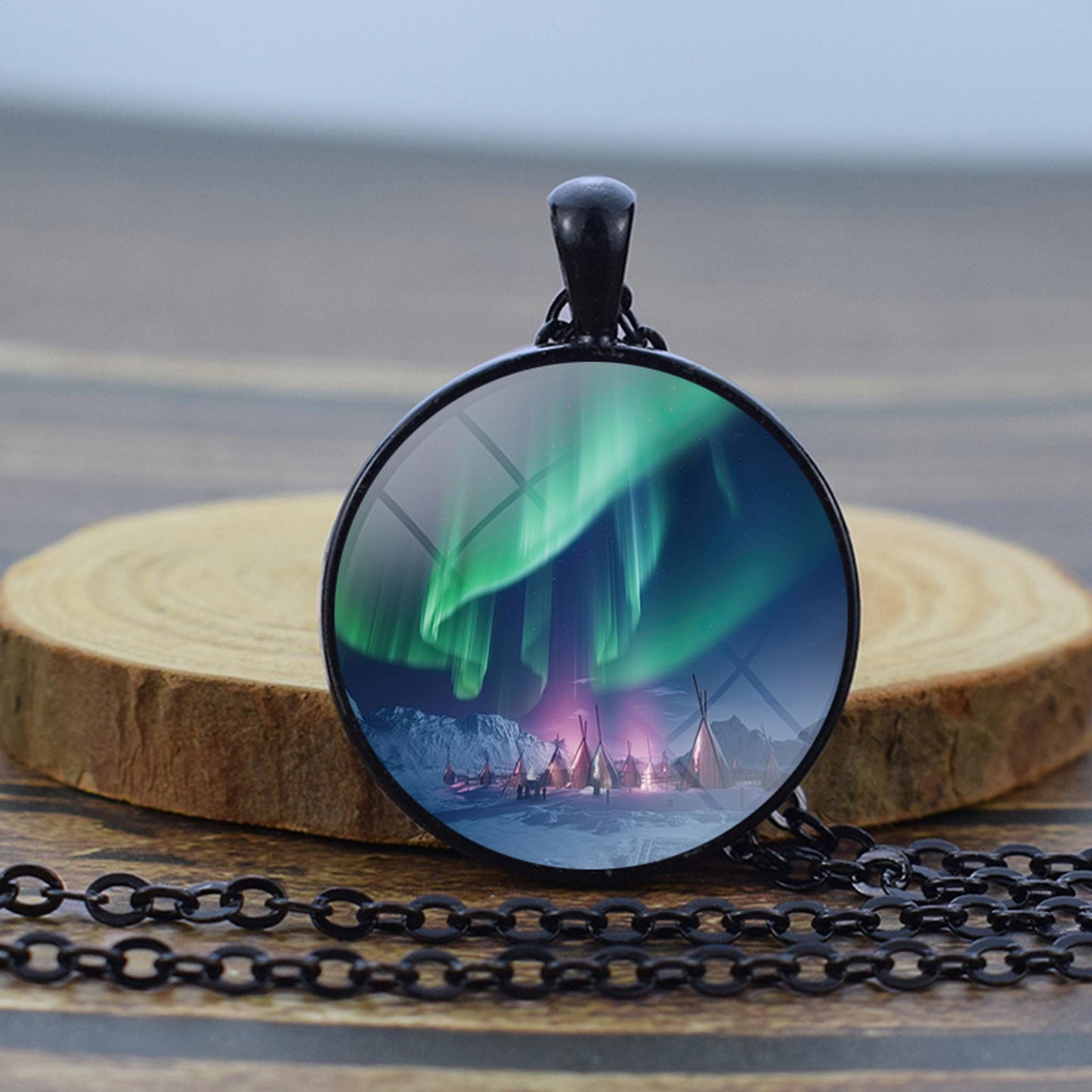 Luminous Aurora Borealis Black Necklace - Northern Light Jewelry - Unique Glass Dome Pendent Necklace - Perfect Aurora Lovers Gift