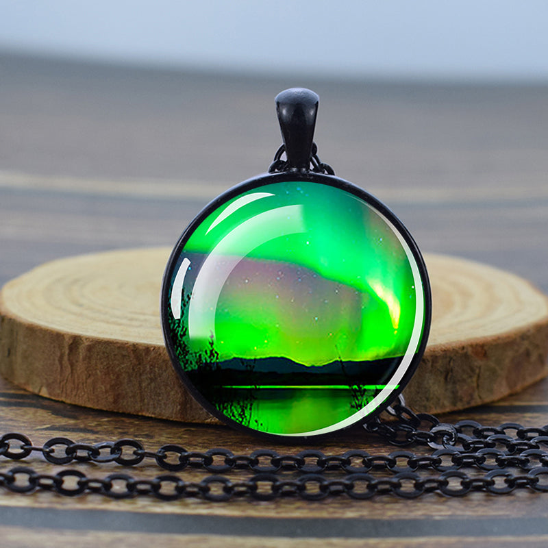 Luminous Aurora Borealis Black Necklace - Northern Light Jewelry - Unique Glass Dome Pendent Necklace - Perfect Aurora Lovers Gift