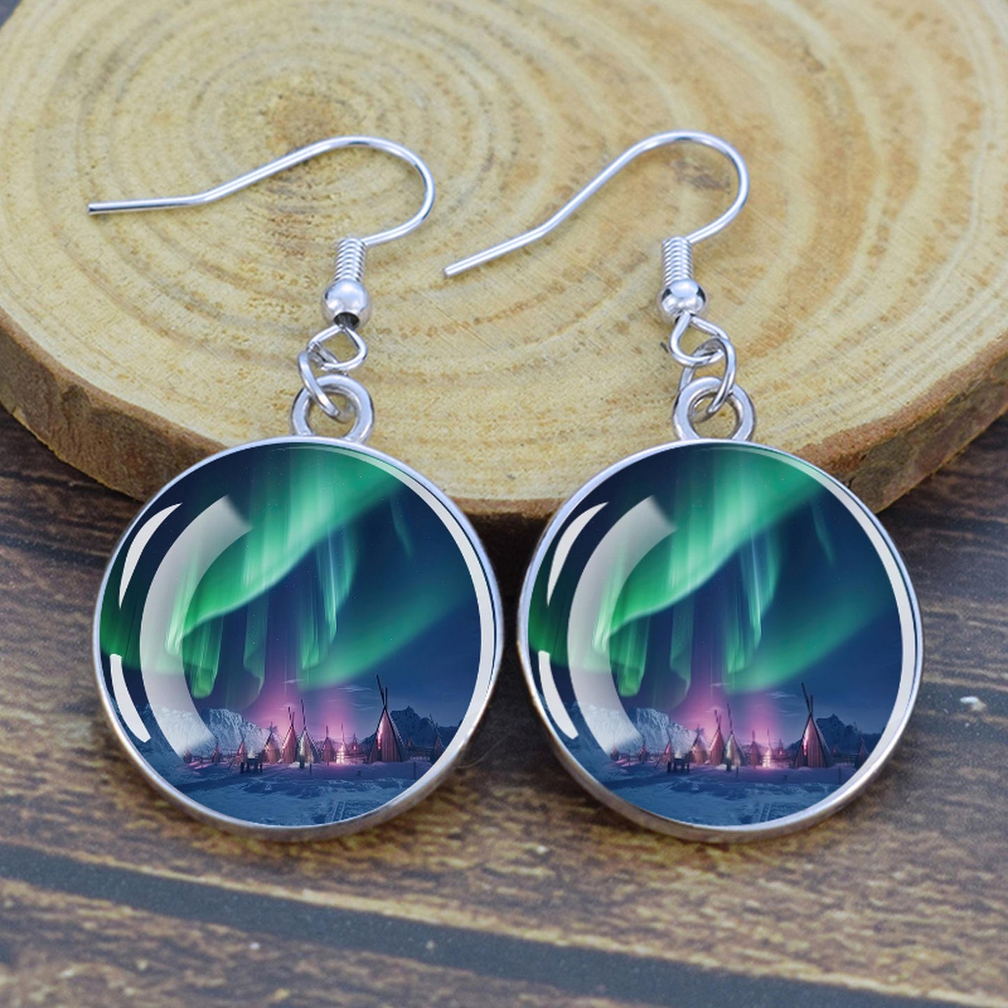 Fáinní Buail Luminous Aurora Borealis - Seodra Northern Lights - Cluaise Uathúla Cabochon Gloine Dangle - Bronntanas Foirfe Aurora Lovers