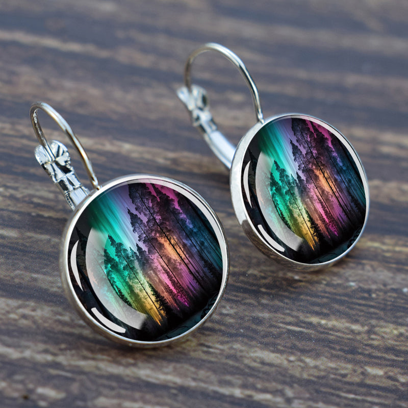 Luminous Aurora Borealis Hook Earrings - Northern Lights Jewelry - Unique Glass Cabochon Drop Earrings - Perfect Aurora Lovers Gift