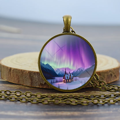 Luminous Aurora Borealis Bronze Necklace - Northern Light Jewelry - Unique Glass Dome Pendent Necklace - Perfect Aurora Lovers Gift