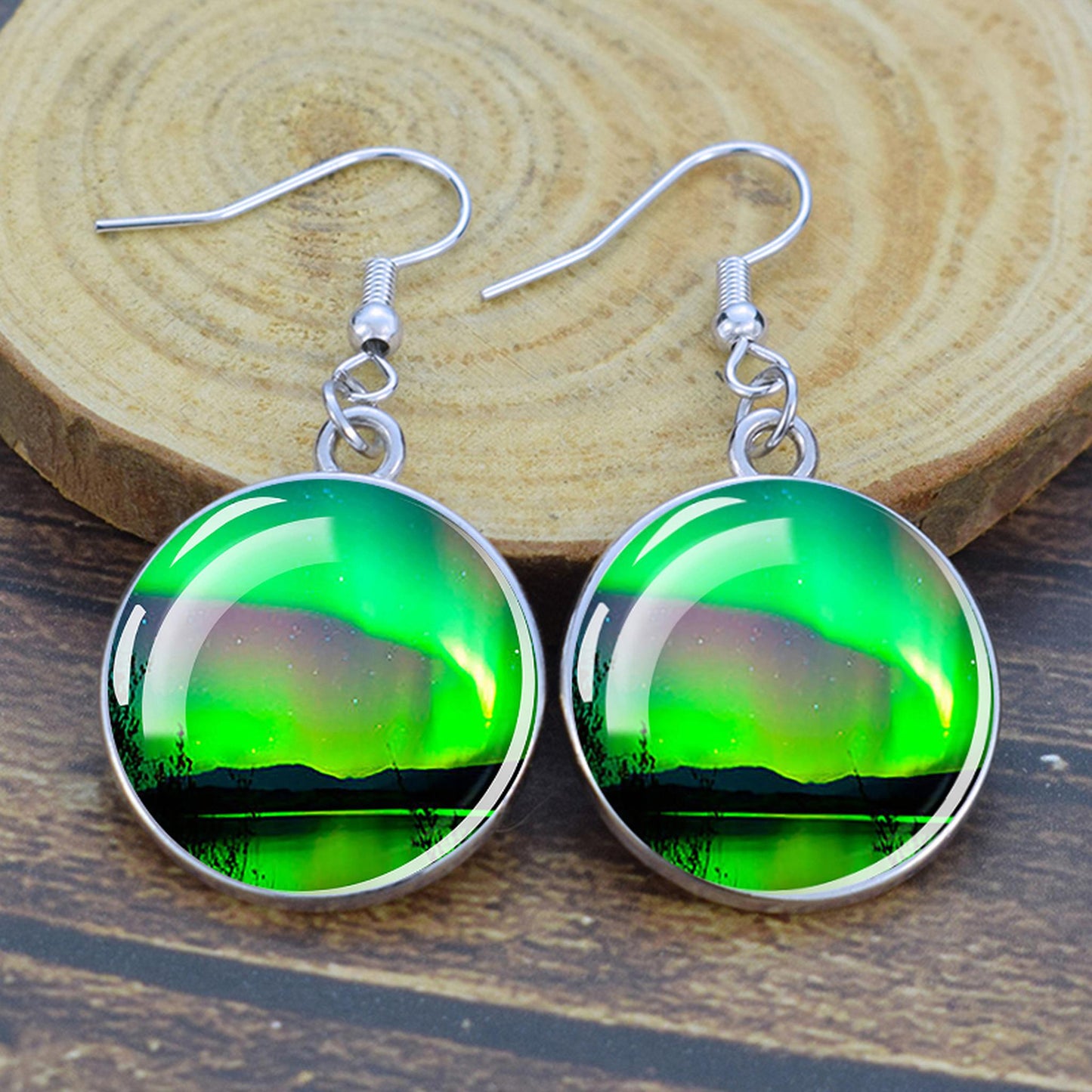 Lýsandi Aurora Borealis dropaeyrnalokkar - Northern Lights Skartgripir - Einstakir Cabochon Dangle eyrnalokkar úr gleri - Fullkomin Aurora Lovers gjöf