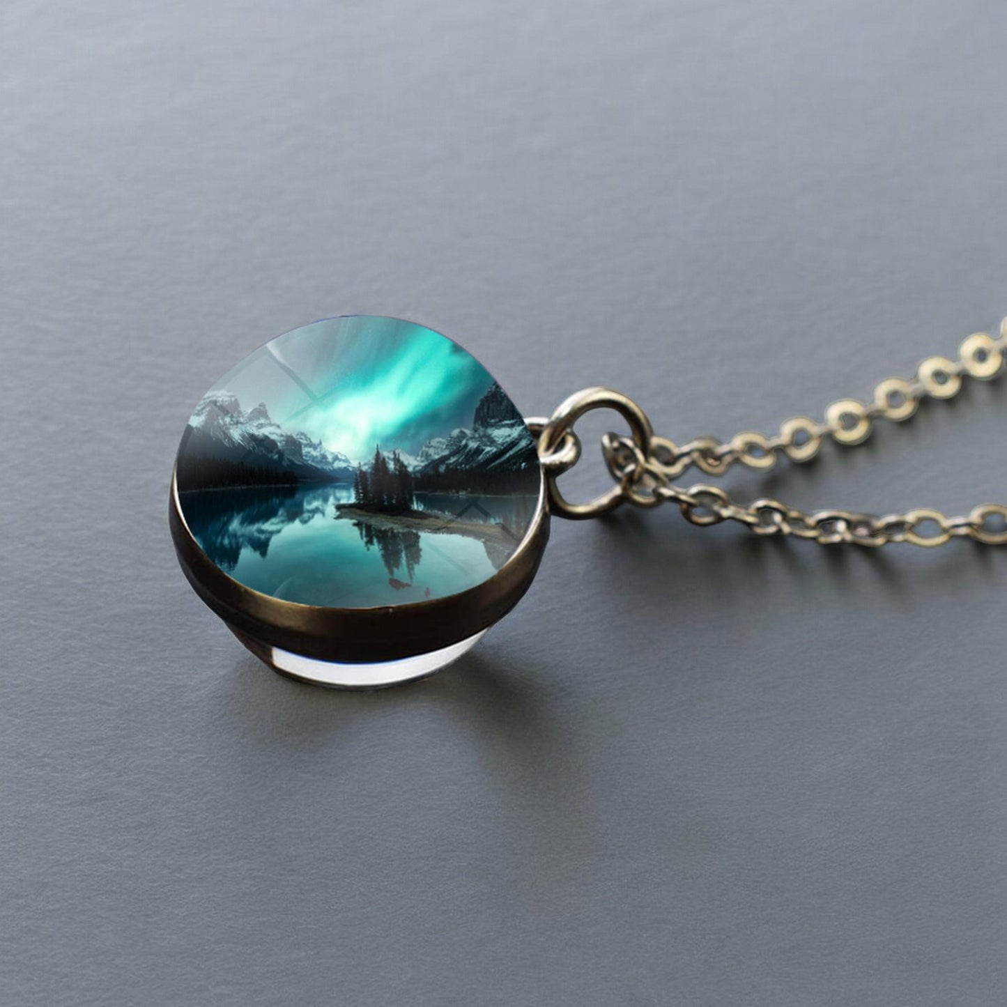 Luminous Aurora Borealis Silver Necklace- Northern Light Jewelry - Unique Double Side Glass Ball Pendent Necklace - Perfect Aurora Lovers Gift