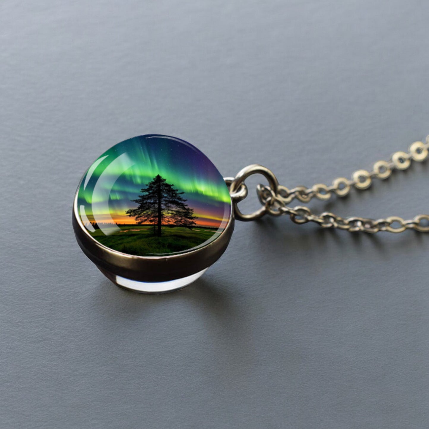 Luminous Aurora Borealis Silver Necklace- Northern Light Jewelry - Unique Double Side Glass Ball Pendent Necklace - Perfect Aurora Lovers Gift