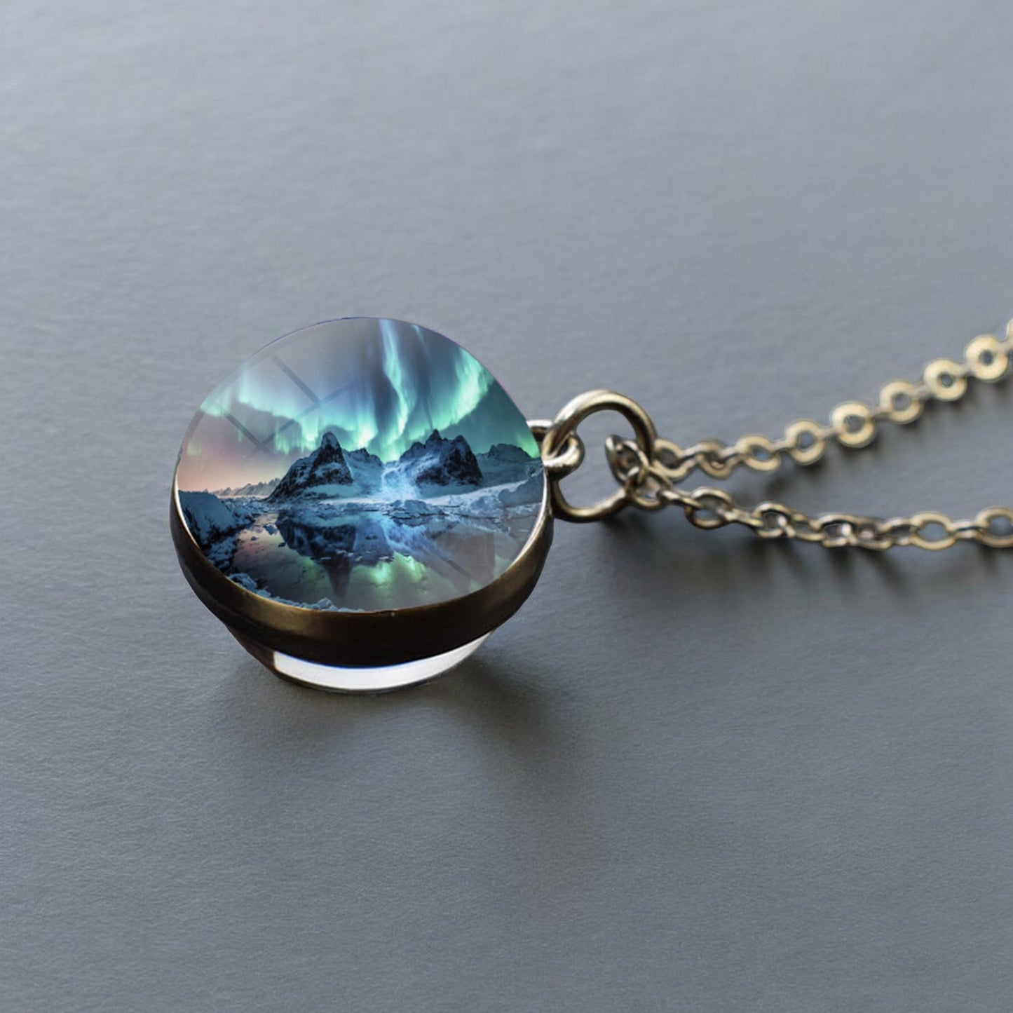 Luminous Aurora Borealis Silver Necklace- Northern Light Jewelry - Unique Double Side Glass Ball Pendent Necklace - Perfect Aurora Lovers Gift