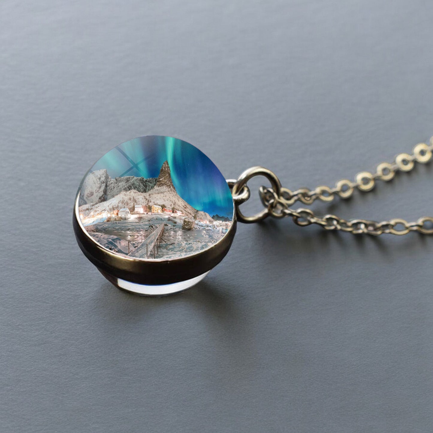 Luminous Aurora Borealis Silver Necklace- Northern Light Jewelry - Unique Double Side Glass Ball Pendent Necklace - Perfect Aurora Lovers Gift