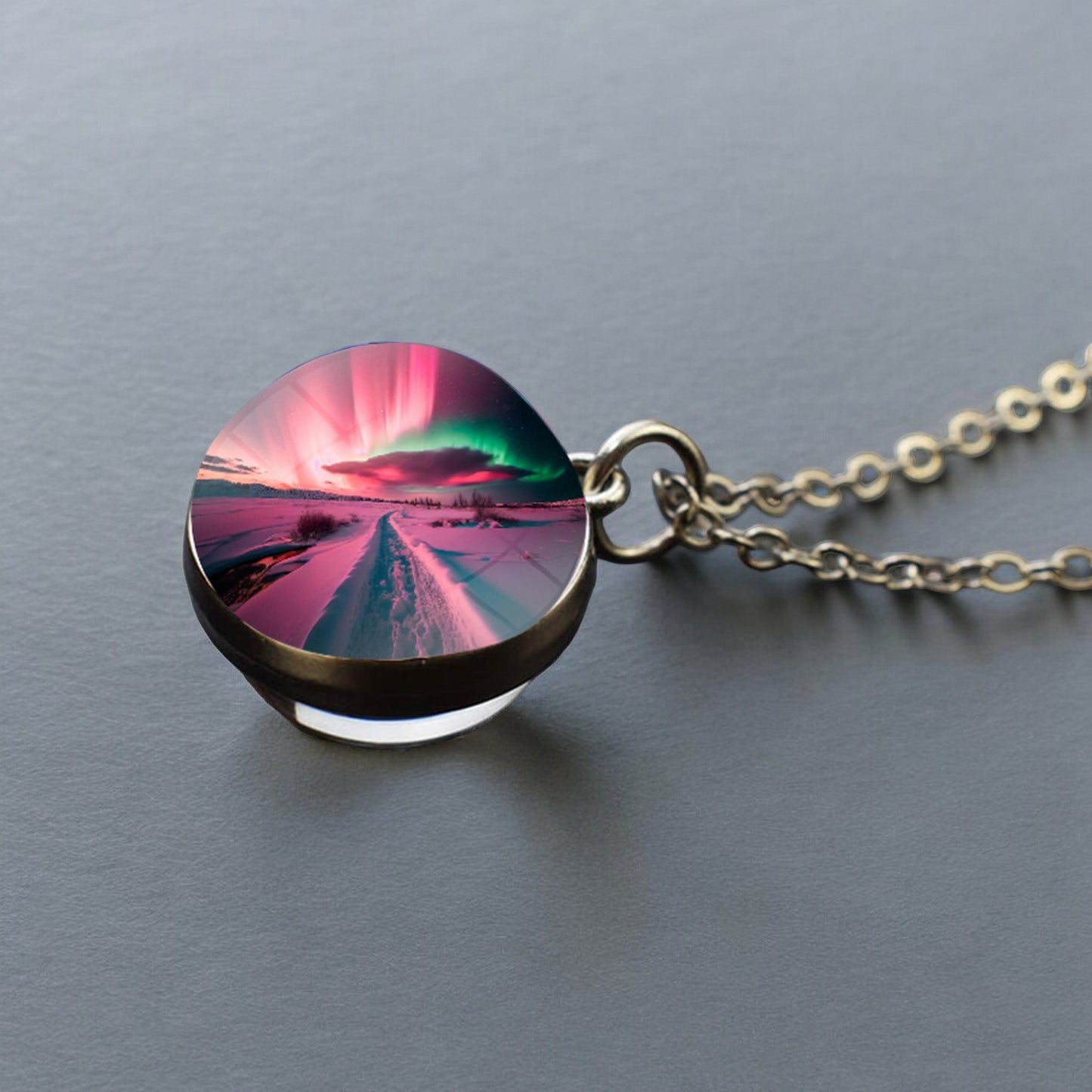 Luminous Aurora Borealis Silver Necklace- Northern Light Jewelry - Unique Double Side Glass Ball Pendent Necklace - Perfect Aurora Lovers Gift