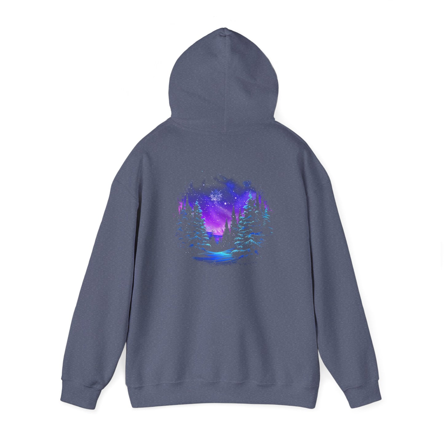 Aurora Borealis Unisex Heavy Blend™ Hooded Sweatshirt (Back design) - Northern Lights Arctic Magical Night Starry Sky Forest Tree Snow Snowflake Nature Adventure - Autumn Fall T-shirt - Aurora Gift