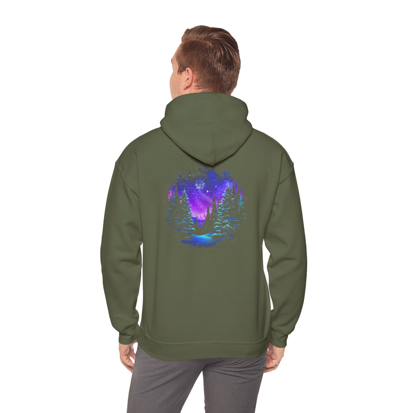 Aurora Borealis Unisex Heavy Blend™ Hooded Sweatshirt (Back design) - Northern Lights Arctic Magical Night Starry Sky Forest Tree Snow Snowflake Nature Adventure - Autumn Fall T-shirt - Aurora Gift