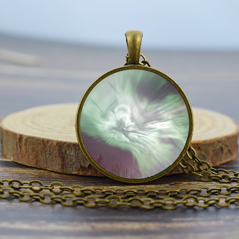 Luminous Aurora Borealis Bronze Necklace - Northern Light Jewelry - Unique Glass Dome Pendent Necklace - Perfect Aurora Lovers Gift