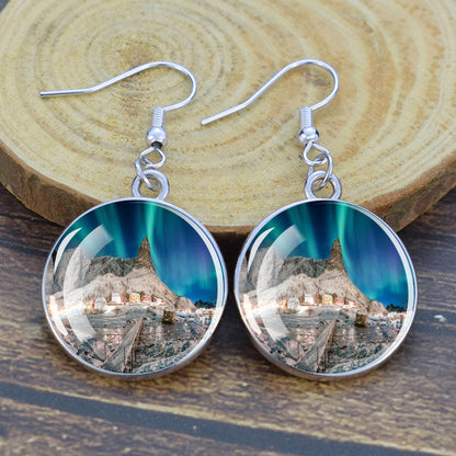 Gaismas Aurora Borealis Drop Auskari - Ziemeļblāzmas rotaslietas - Unikāli stikla Cabochon Dangle Auskari - Perfekta Aurora Lovers dāvana