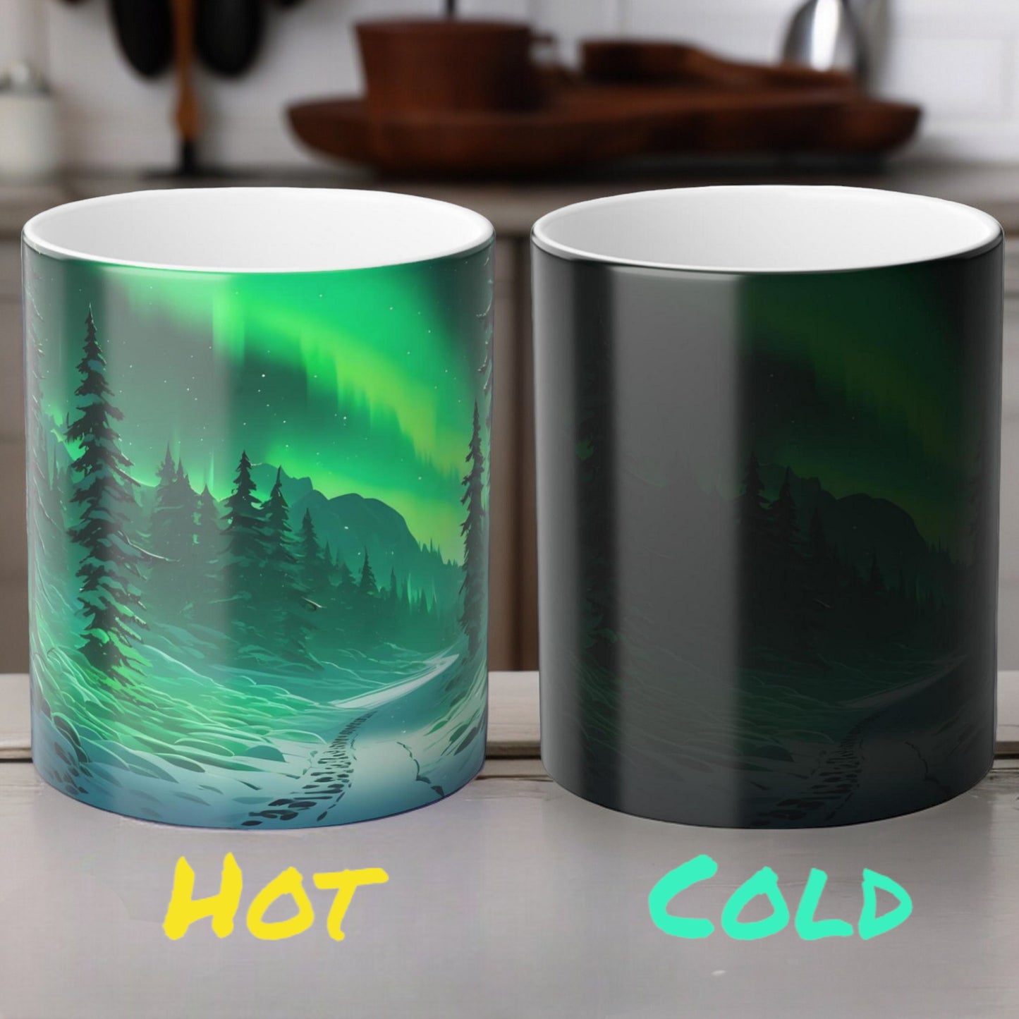 Lummav Aurora Borealis kuumatundlik kruus – Northern Lights Magic Color Morphing kruus 11 untsi – Heat Reactive Night Sky kohvitass – ideaalne kingitus loodusesõpradele