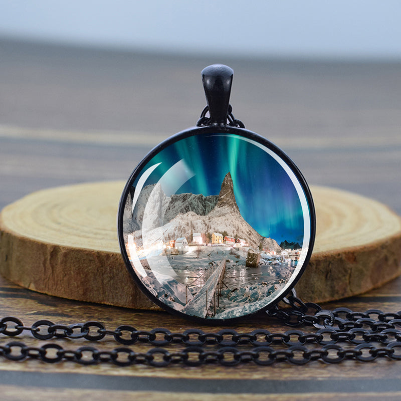 Luminous Aurora Borealis Black Necklace - Northern Light Jewelry - Unique Glass Dome Pendent Necklace - Perfect Aurora Lovers Gift