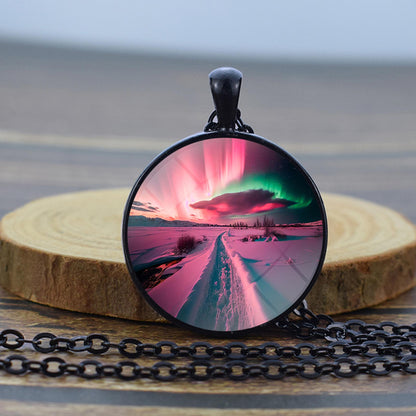 Luminous Aurora Borealis Black Necklace - Northern Light Jewelry - Unique Glass Dome Pendent Necklace - Perfect Aurora Lovers Gift