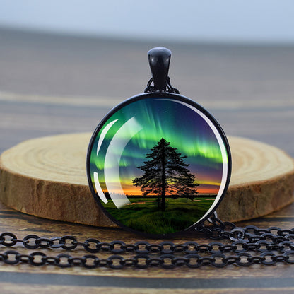 Luminous Aurora Borealis Black Necklace - Northern Light Jewelry - Unique Glass Dome Pendent Necklace - Perfect Aurora Lovers Gift