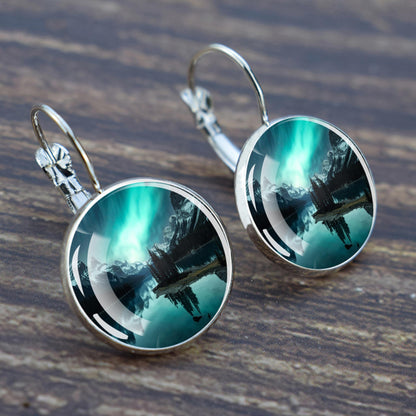 Luminous Aurora Borealis Hook Earrings - Northern Lights Jewelry - Unique Glass Cabochon Drop Earrings - Perfect Aurora Lovers Gift