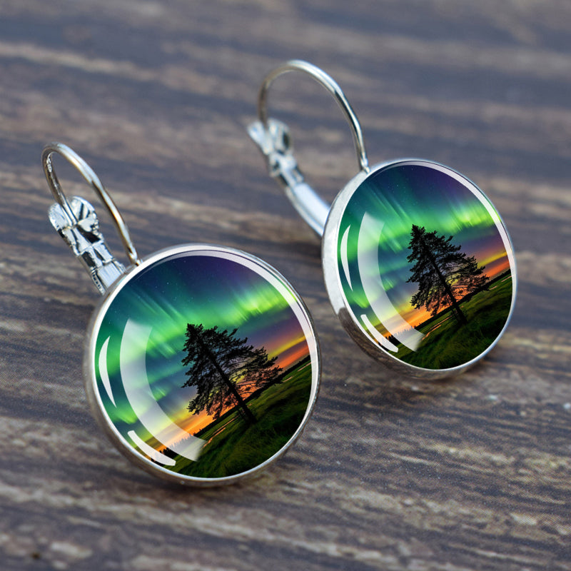 Luminous Aurora Borealis Hook Earrings - Northern Lights Jewelry - Unique Glass Cabochon Drop Earrings - Perfect Aurora Lovers Gift